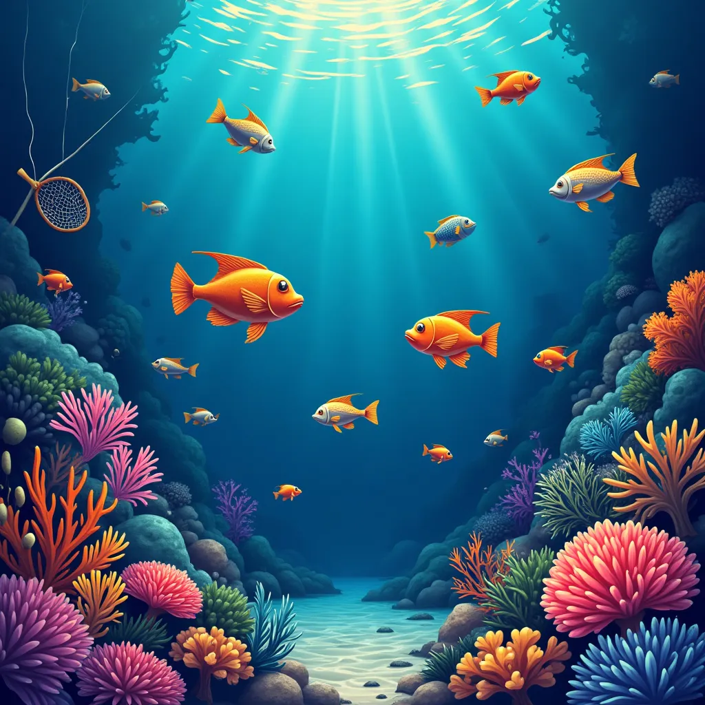 Cartoon underwater fish shooting arcade scene with neon cannons
